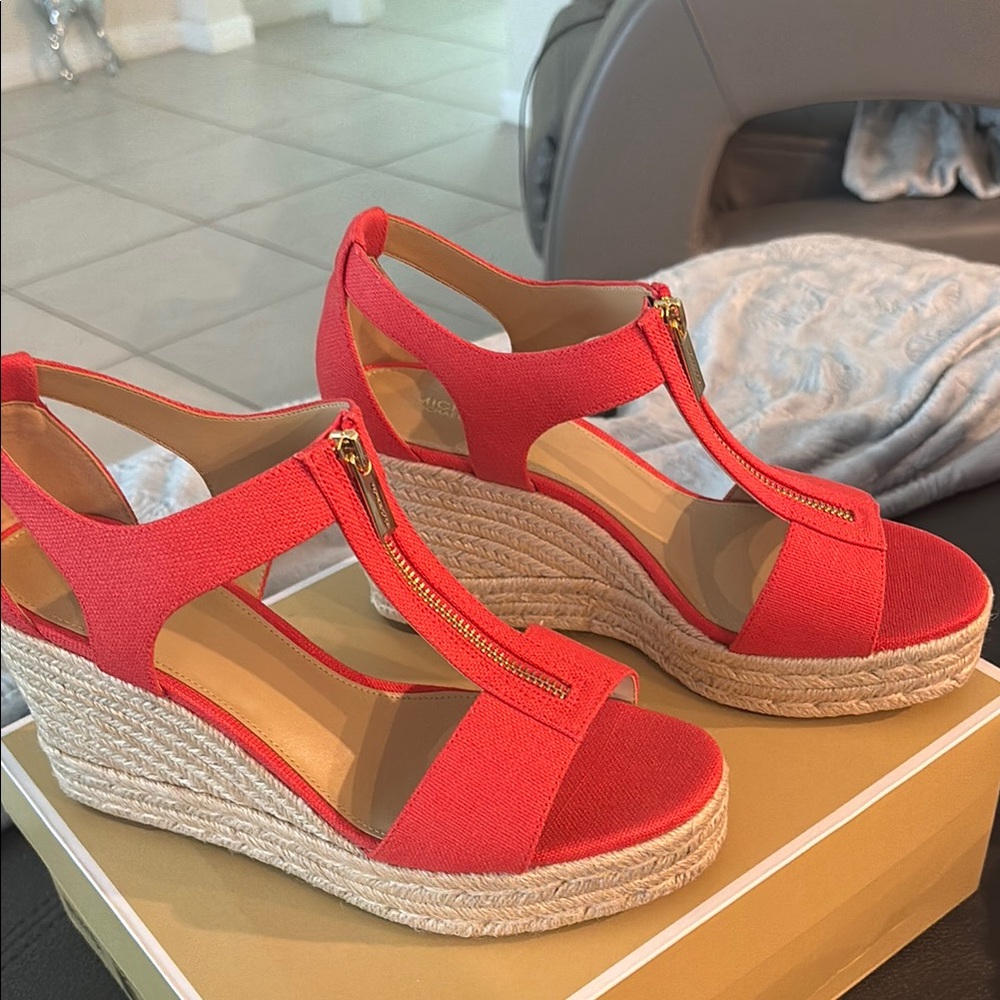 Michael Kors Red Espadrille Wedges with Ankle Strap